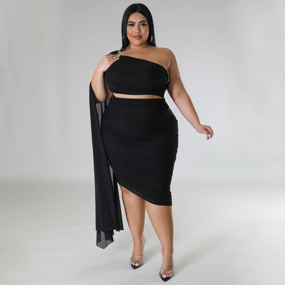 Plus Size Women Wear High Elastic Diagonal Collar Long Train Sleeve Wrinkle Two Piece Set