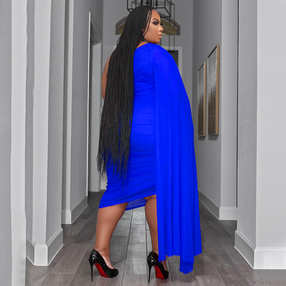 Plus Size Women Wear High Elastic Diagonal Collar Long Train Sleeve Wrinkle Two Piece Set
