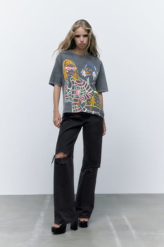 Clothing Washed Effect Printed Short Sleeve T Shirt