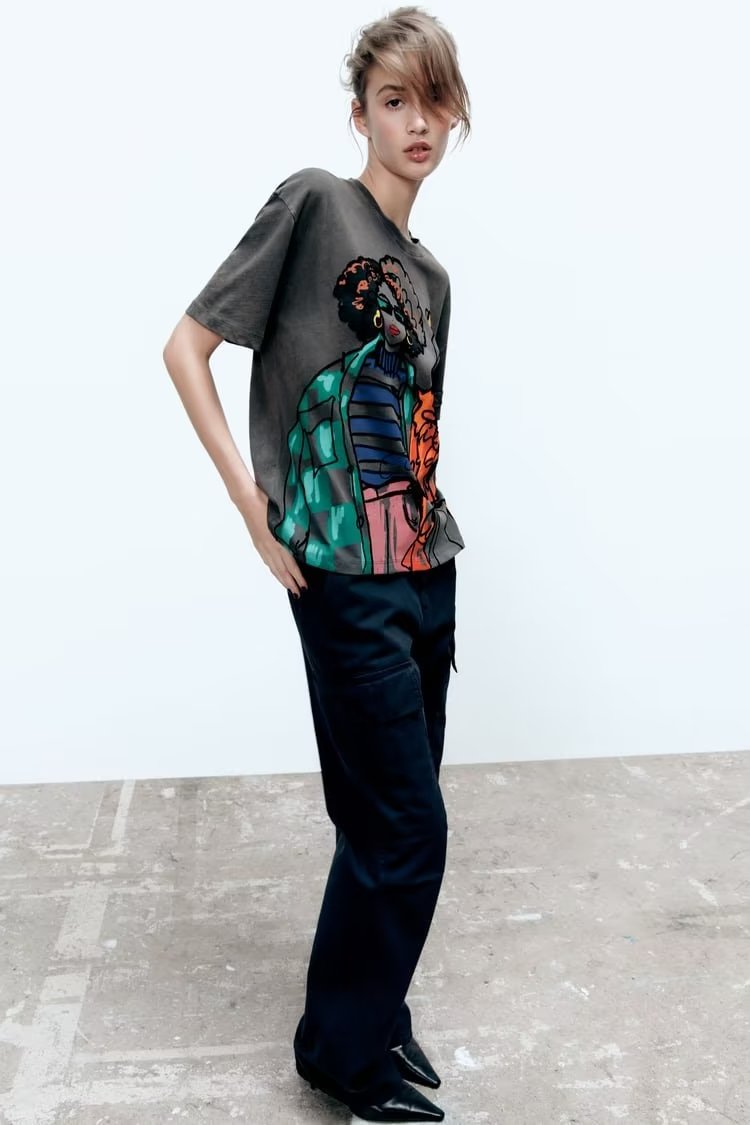 Loose All Matching Girl Printed Pattern Round Neck Short Sleeve T Shirt