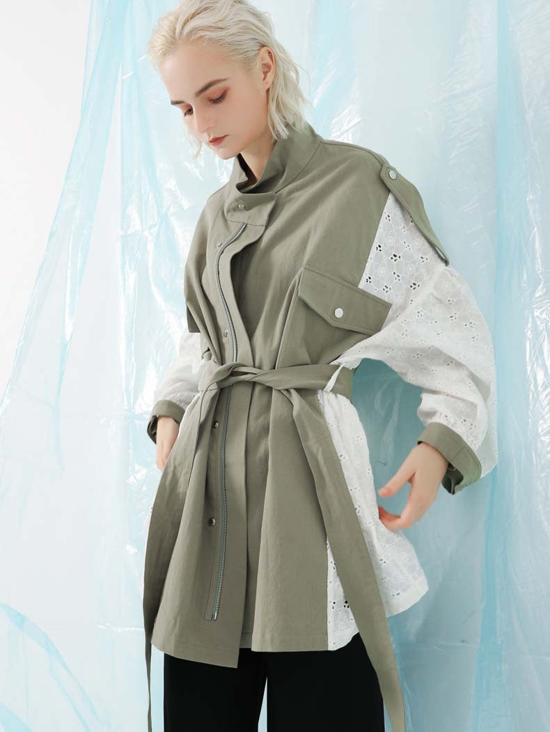Manteau lavé à coutures en dentelle pour femmes Coupe-vent ample mi-long