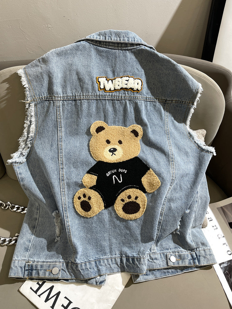 New Light Blue Denim Vest Women Loose Bears Design Sense Small Coat Fashion
