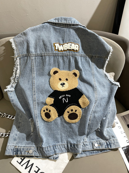 New Light Blue Denim Vest Women Loose Bears Design Sense Small Coat Fashion