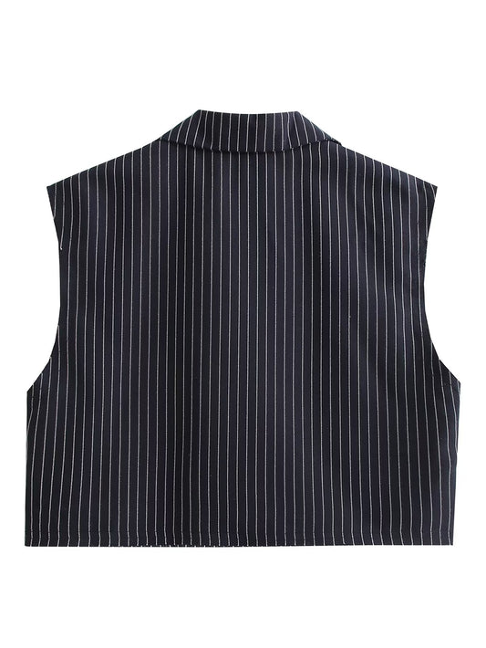 Women Short Tops Vintage Striped Lasel Vest