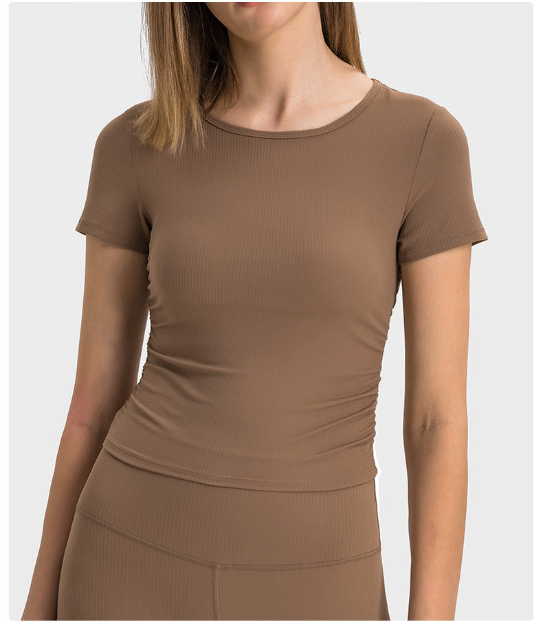 Taille plissée minceur sport court manches courtes haute élastique Nude Feel Slim Fit veste de yoga amincissante