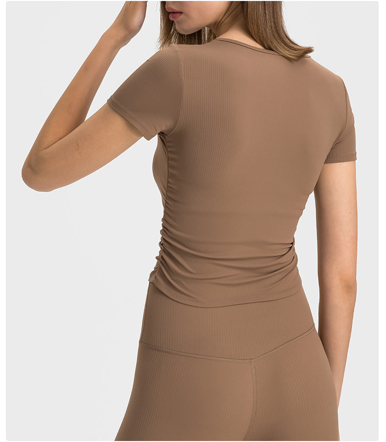 Taille plissée minceur sport court manches courtes haute élastique Nude Feel Slim Fit veste de yoga amincissante