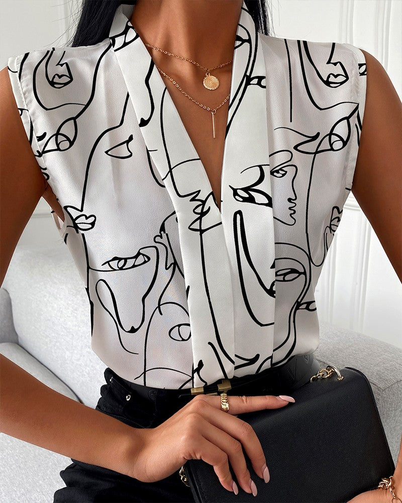 Camicia stampata con scollo a V senza maniche casual estiva da donna