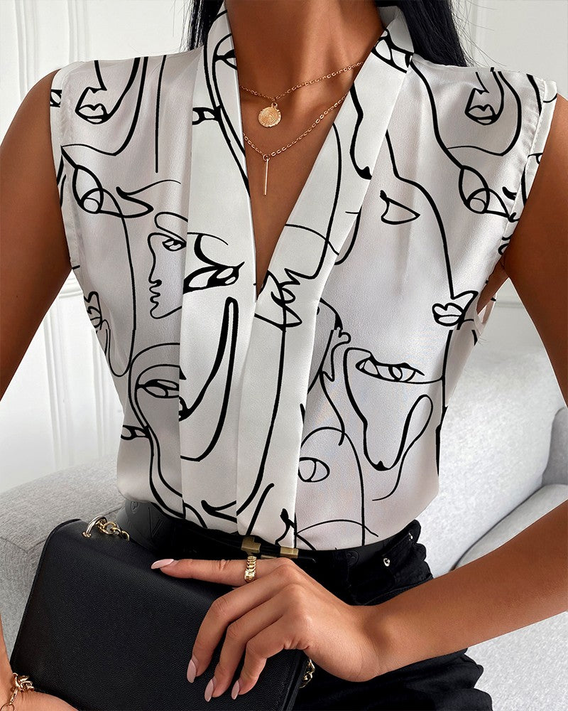 Camicia stampata con scollo a V senza maniche casual estiva da donna