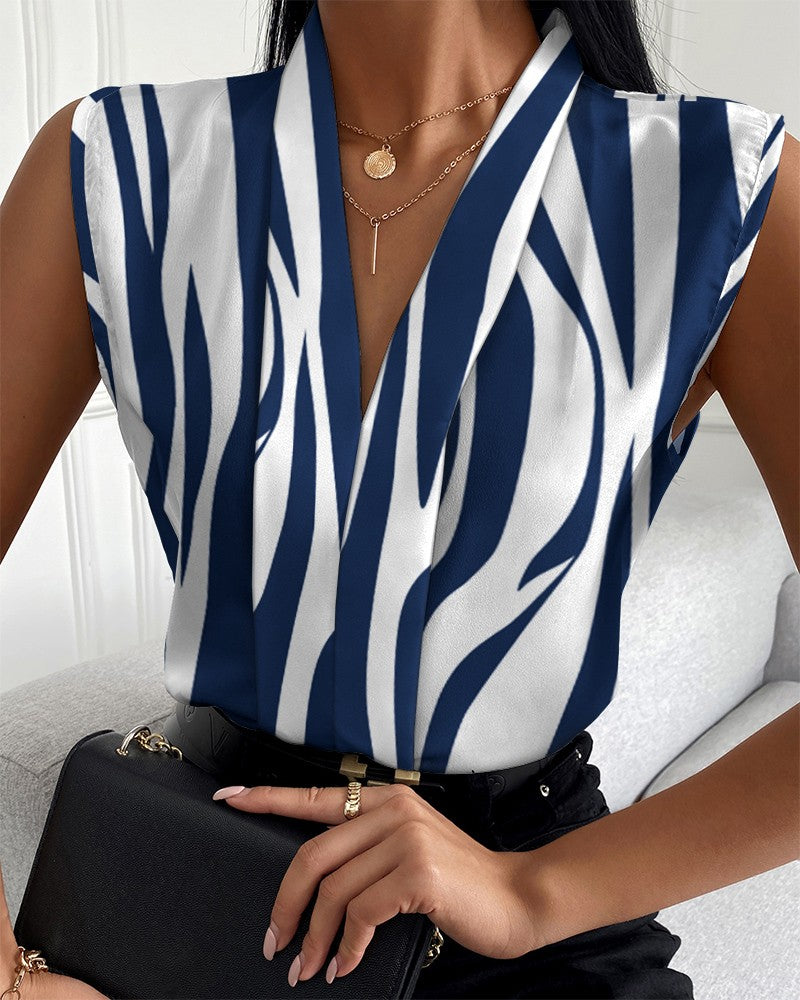 Camicia stampata con scollo a V senza maniche casual estiva da donna