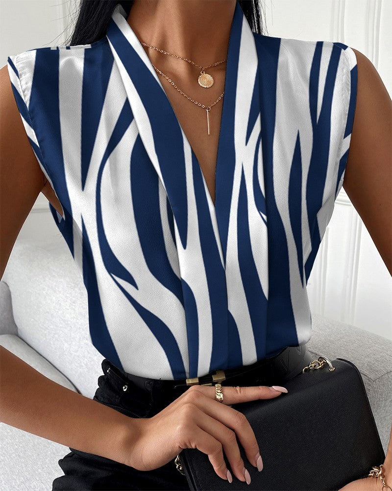 Camicia stampata con scollo a V senza maniche casual estiva da donna
