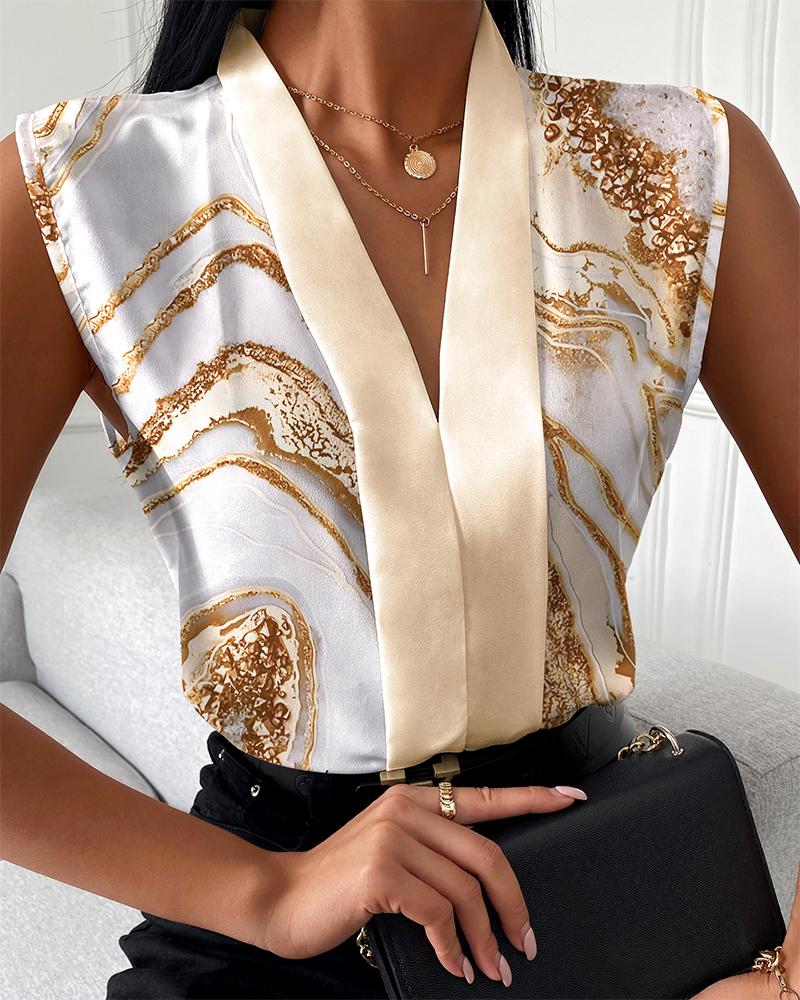 Camicia stampata con scollo a V senza maniche casual estiva da donna