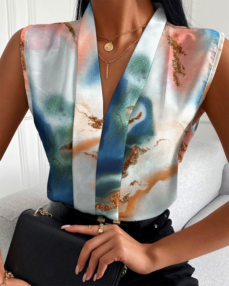Camicia stampata con scollo a V senza maniche casual estiva da donna