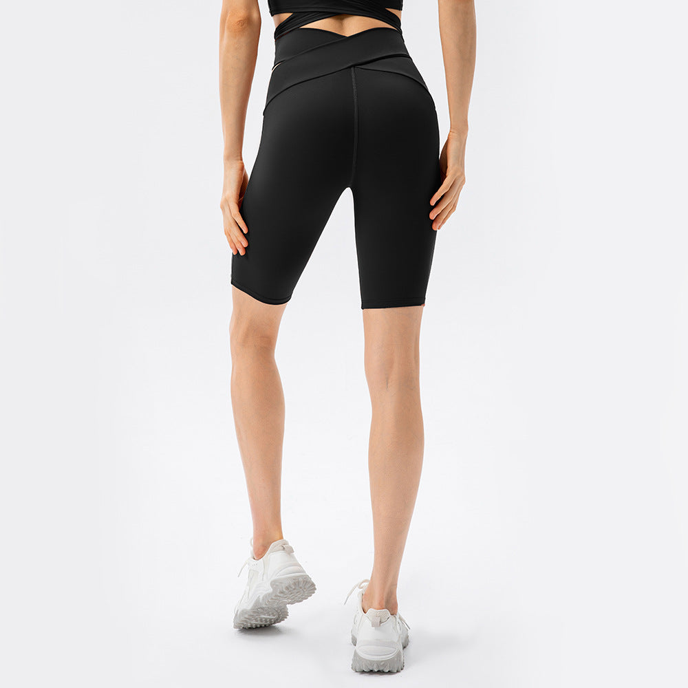 Naked Women Sense Cross High Waist Yoga Shorts No Embarrassment Line Skinny Hip Raise Belly Contracting Sports Shorts Crisscross