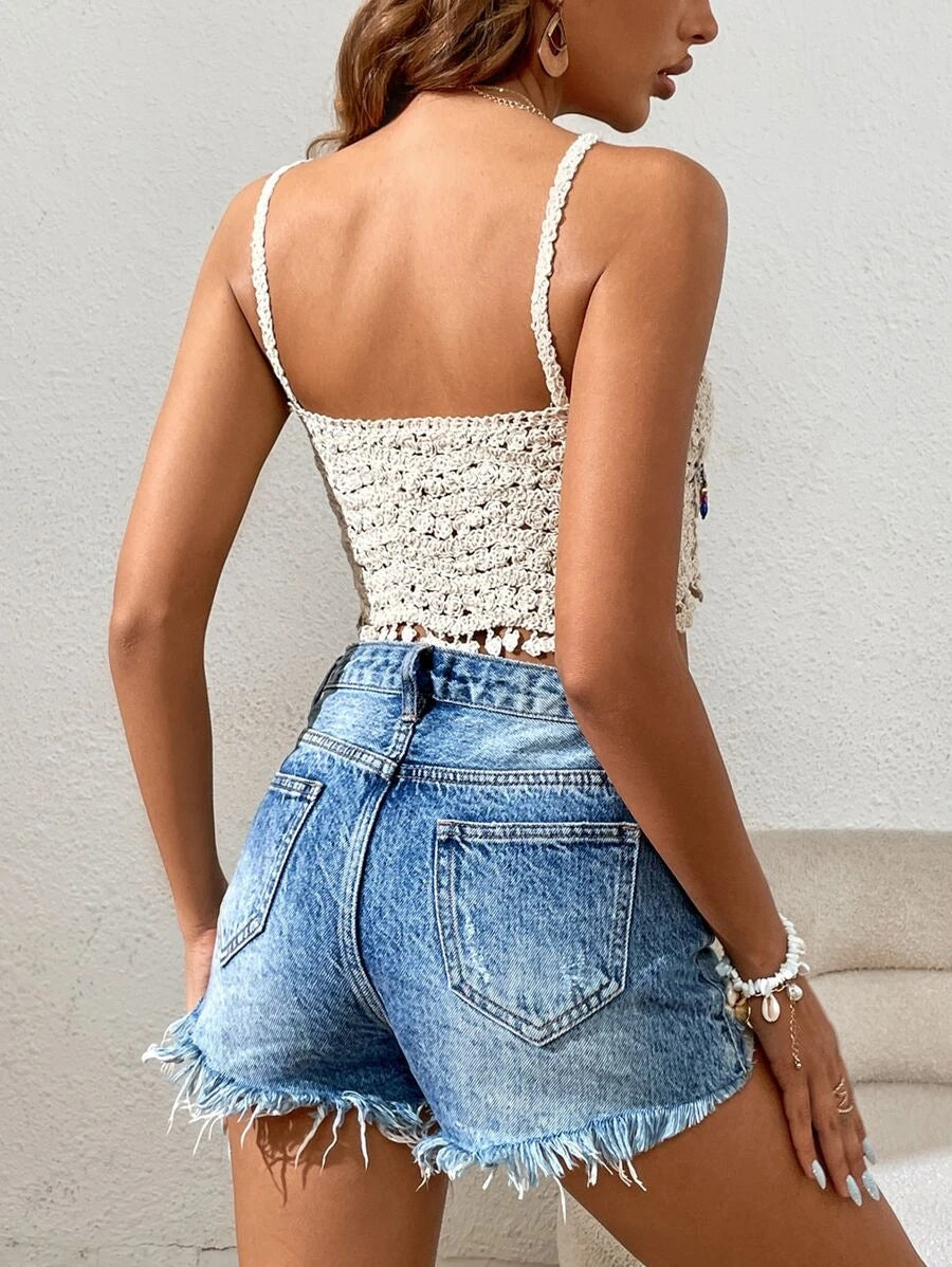Women New Summer Solid Color Hand Knitted Hollow Sling Top