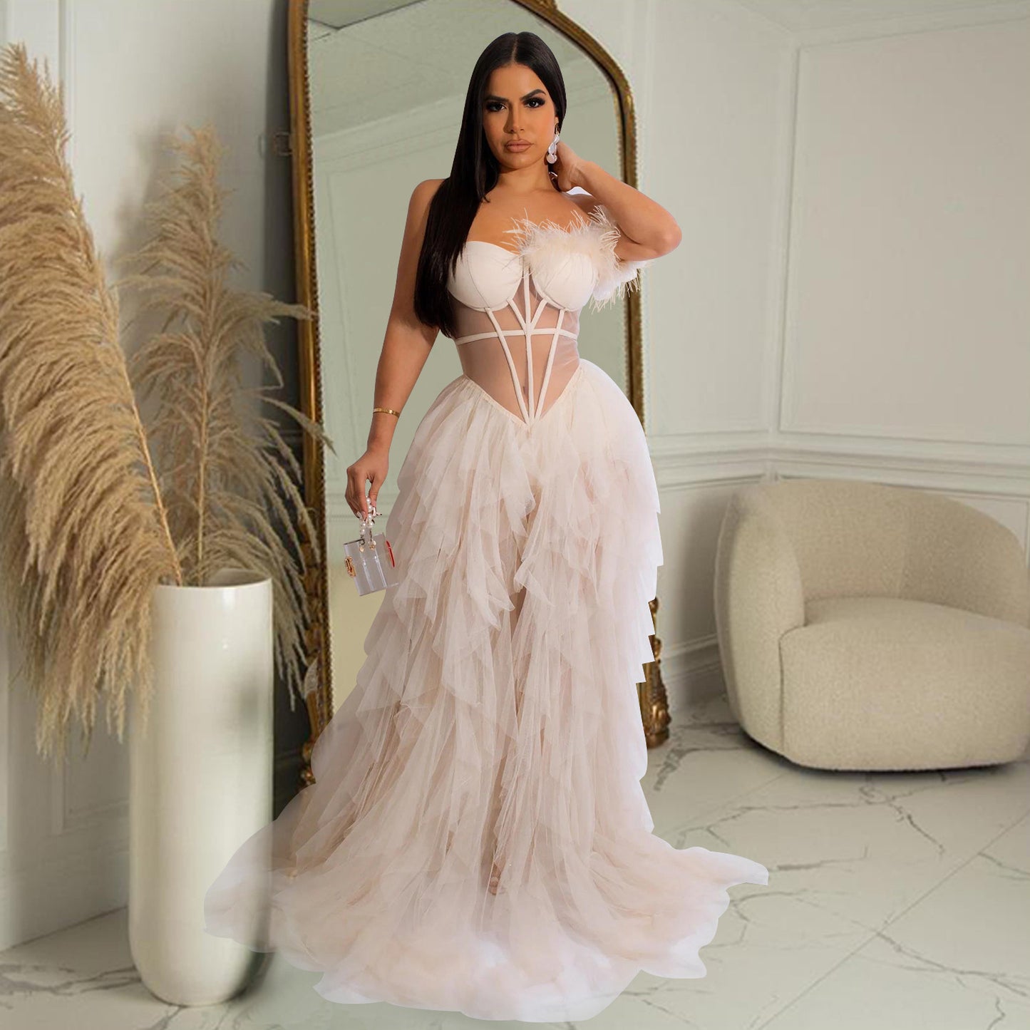 Women Wear Solid Color Sleeveless Chest Wrap Mesh Maxi Dress