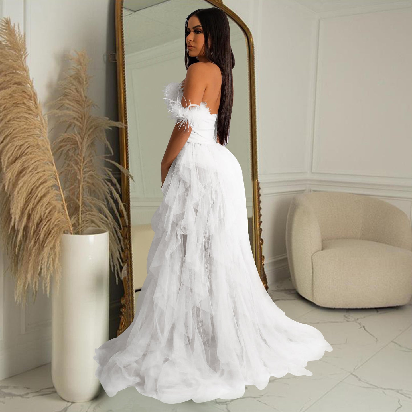 Women Wear Solid Color Sleeveless Chest Wrap Mesh Maxi Dress