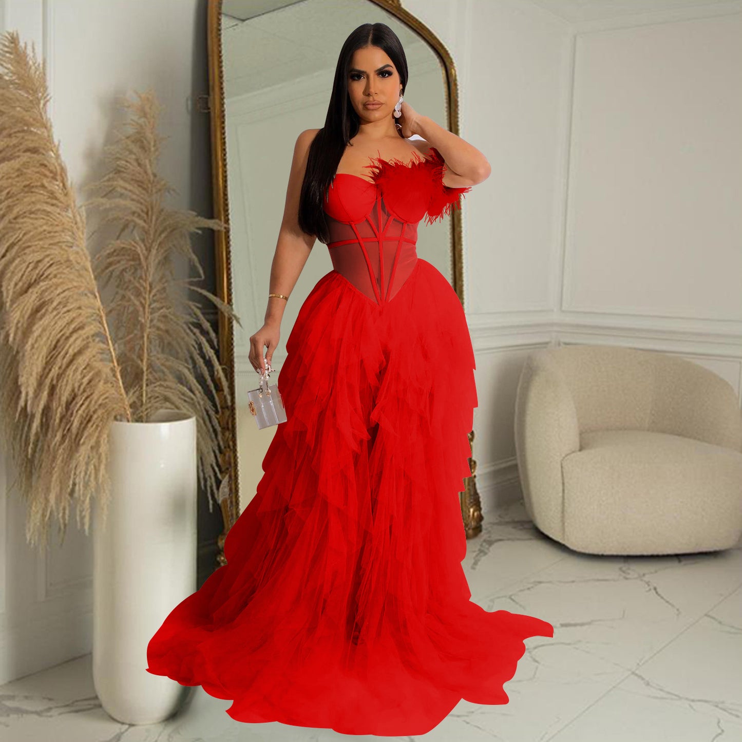 Women Wear Solid Color Sleeveless Chest Wrap Mesh Maxi Dress