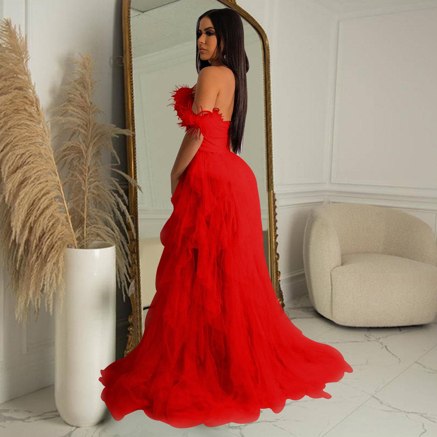 Women Wear Solid Color Sleeveless Chest Wrap Mesh Maxi Dress