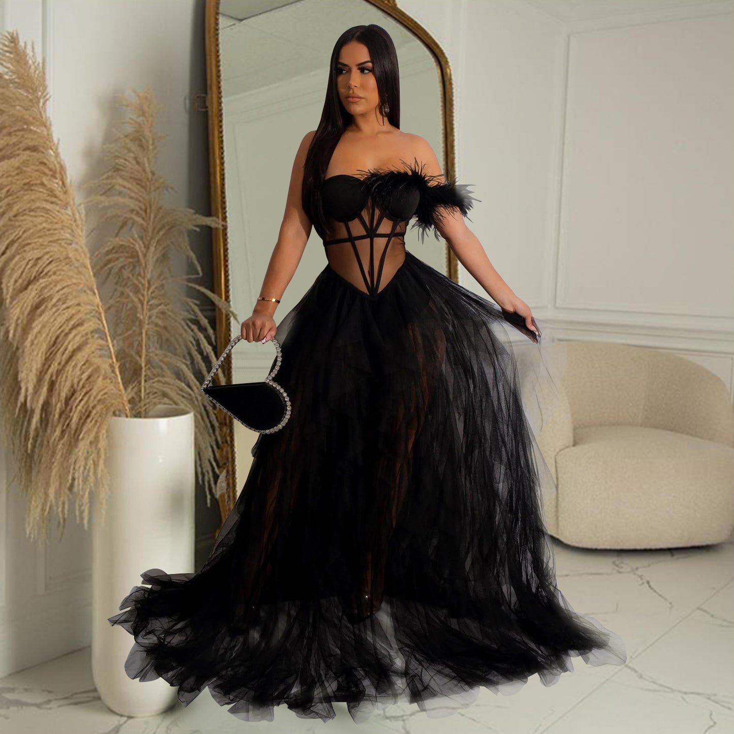 Women Wear Solid Color Sleeveless Chest Wrap Mesh Maxi Dress