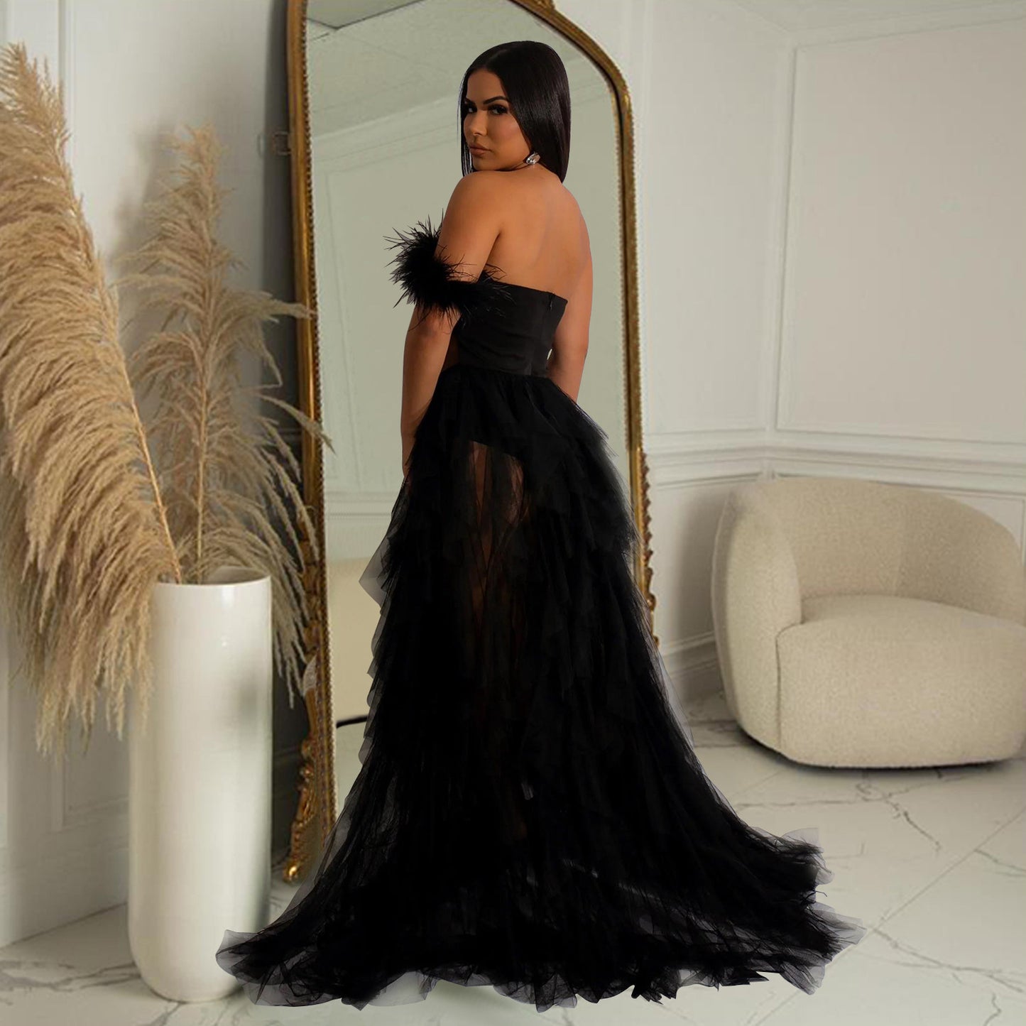Women Wear Solid Color Sleeveless Chest Wrap Mesh Maxi Dress