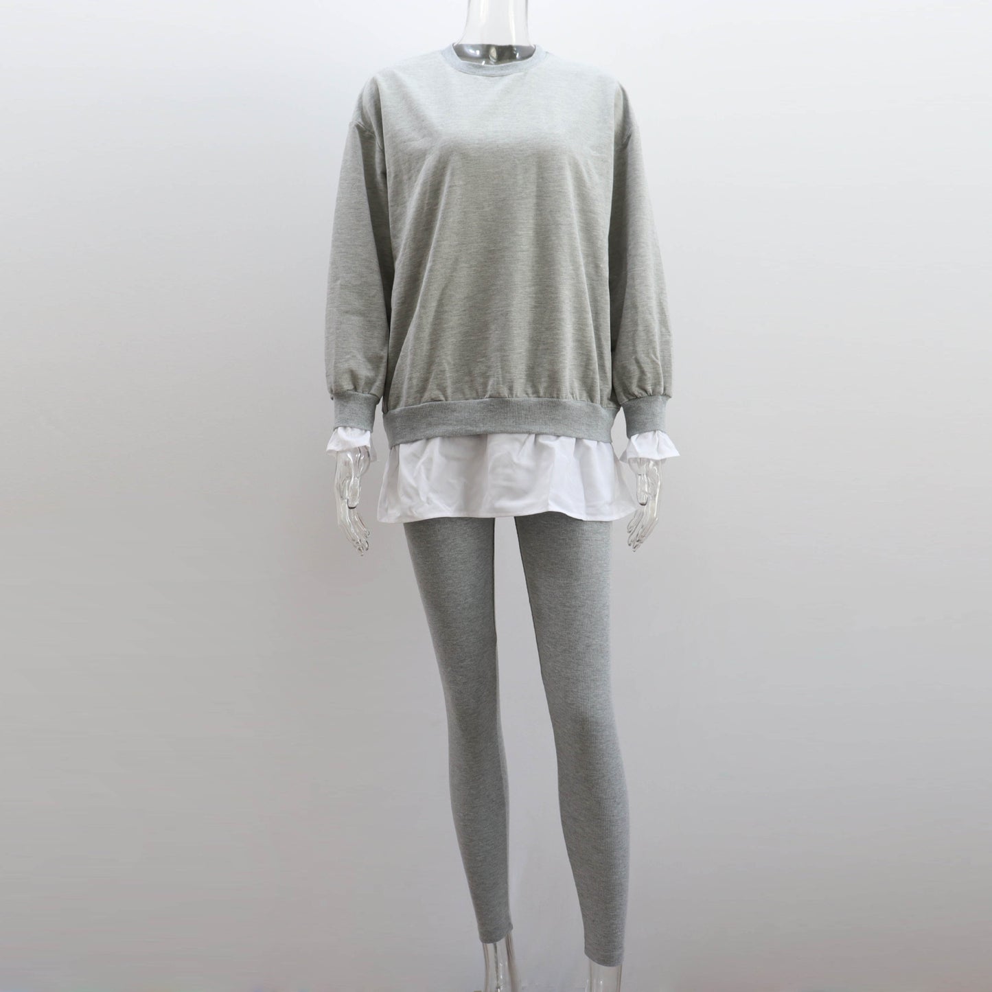 Women Clothing Autumn Winter Two Piece Suit Faux Two Pieces Casual Long Sleeve Sweatshirt Tops Rib Tight Trousers Suit for Women