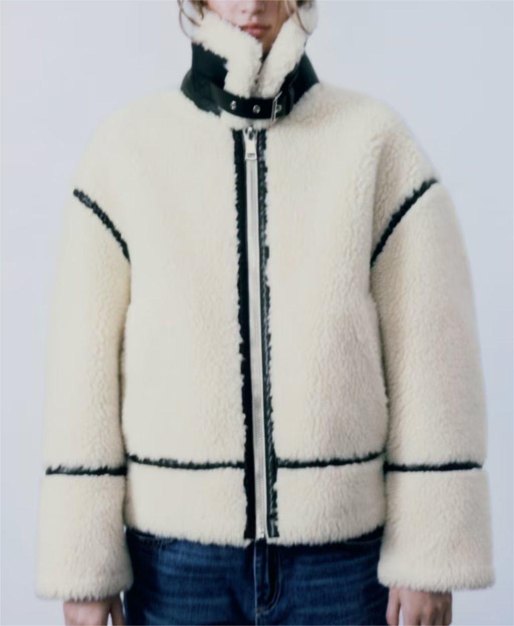 Women Clothing Autumn Women Casual One Piece Lamb Wool Contrast Color Warm Jacket