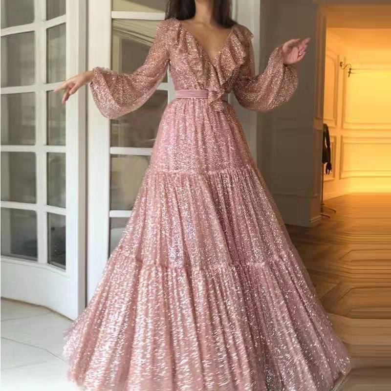 Spring Summer Women Clothing Dress Sexy Long Sleeved V neck Large Swing Evening Dress Maxi Dress