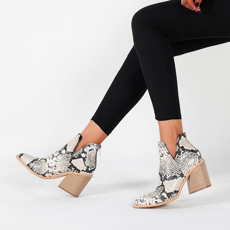 Bottes courtes à imprimé léopard pour femmes Bottes Martin à talons hauts Bottines pointues à talons épais Femmes