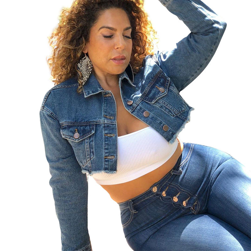 Plus Size Hand Frayed Washed Denim Casual Street Coat Denim Jacket Women Clothing