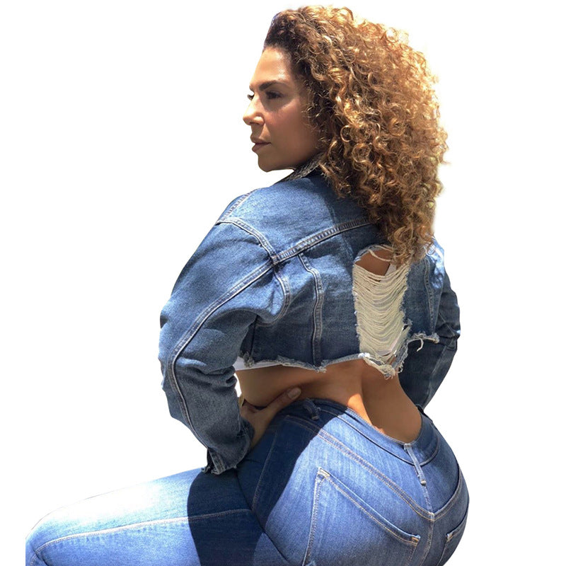 Plus Size Hand Frayed Washed Denim Casual Street Coat Denim Jacket Women Clothing