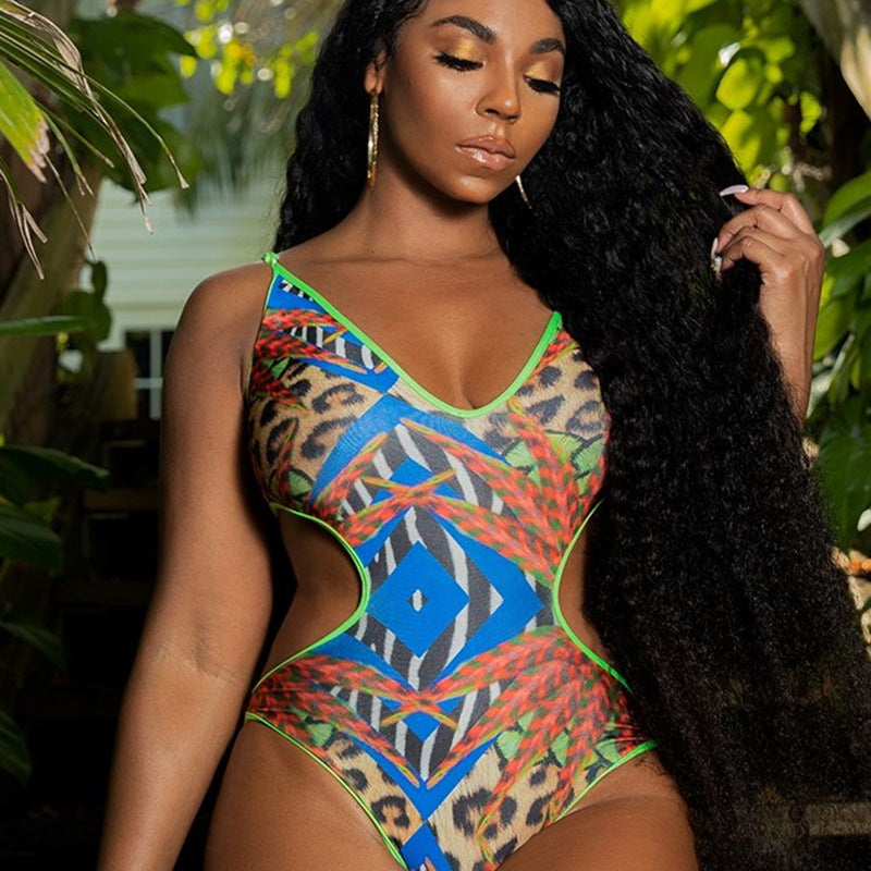 Plus Size Printed One-Piece Swimsuit Female Sexy Retro Pattern Swimsuit