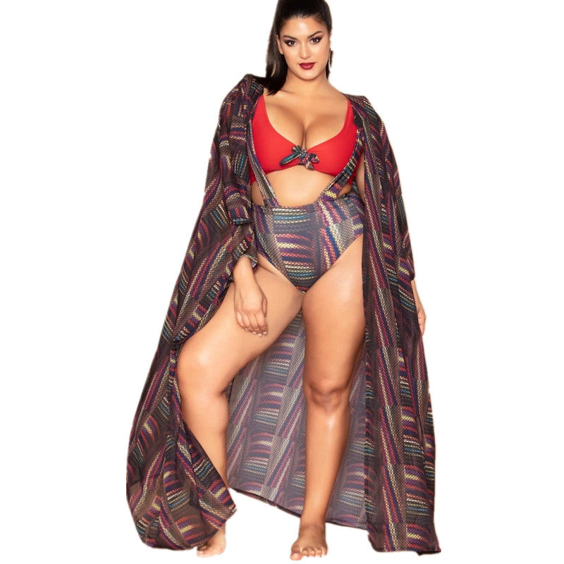 Maillot de bain fendu grande taille imprimé taille haute sangle maillot de bain plage Bikini veste survêtements