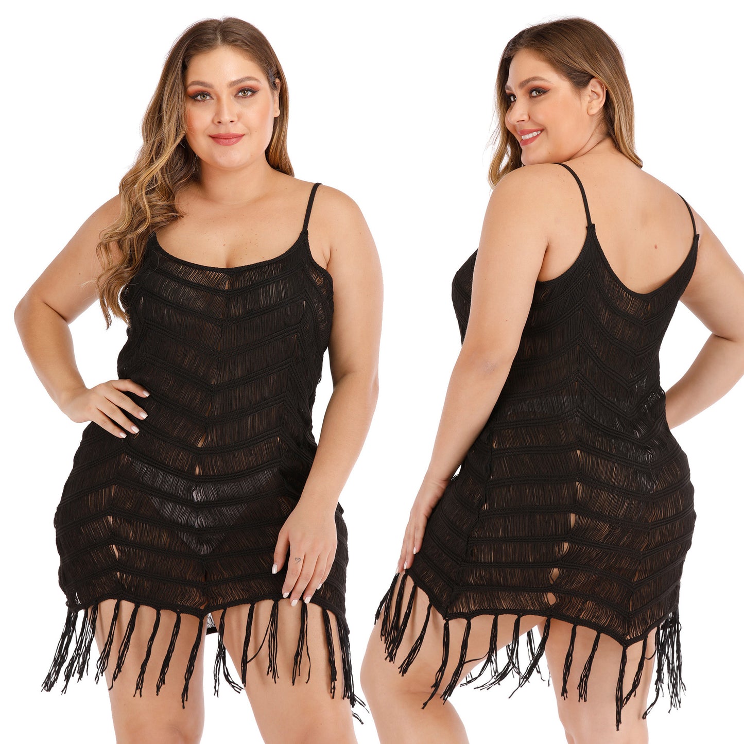 Plus Size Women Clothing Sexy See-through Hollow Out Cutout Woven Cami Dress Tassel Stitching Beach Dress Women