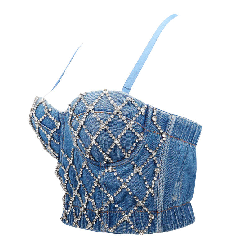 Denim Beaded Tube Top Body Shaping Performance Wear Summer New Short Cropped Baring Camisole Women Dancing