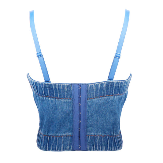 Denim Beaded Tube Top Body Shaping Performance Wear Summer New Short Cropped Baring Camisole Women Dancing