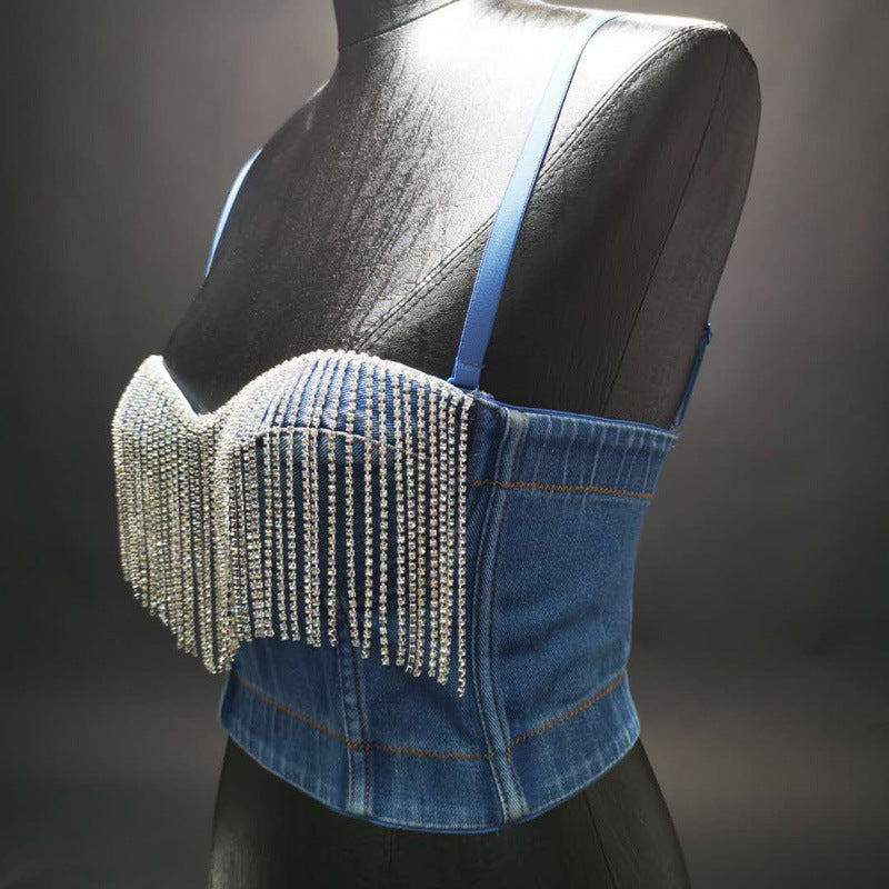 Denim Tube Top Niche Tassel Rhinestone Camisole Outer Wear with Chest Pad Trendy Women Disco Top
