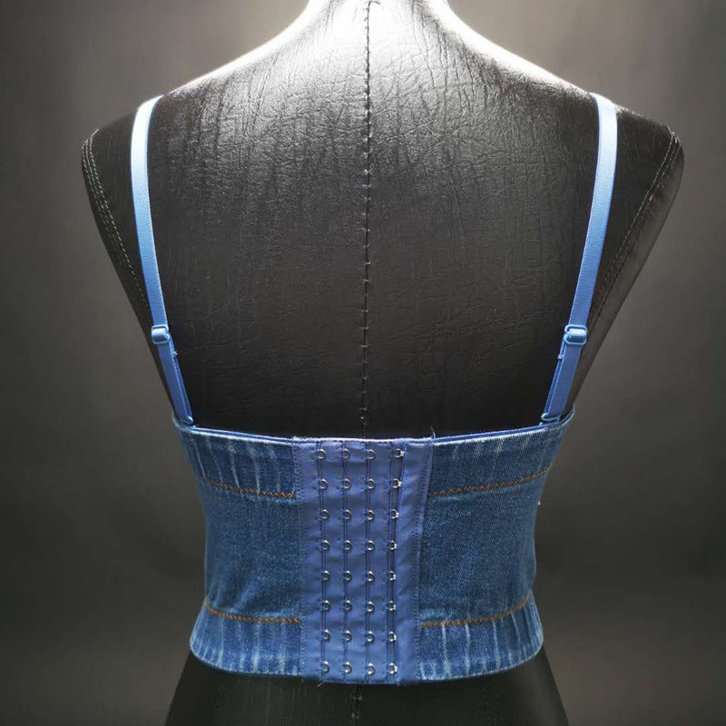 Denim Tube Top Niche Tassel Rhinestone Camisole Outer Wear with Chest Pad Trendy Women Disco Top