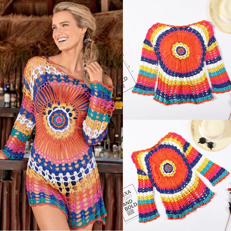 Crocheted Hollow Out Cutout Blouse Beach Knitted Blouse Long Sleeve Vacation Clothes Bikini Rainbow Sun Protection Clothing