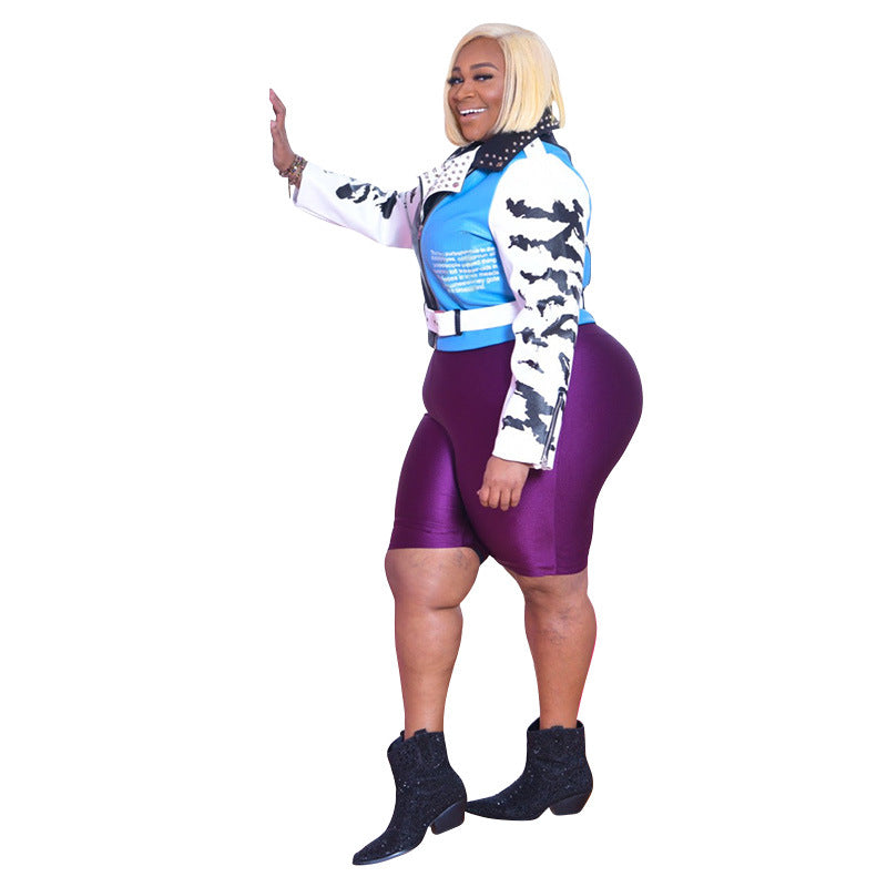 Plus Size Leopard Print Letter Graphic Printed Rivets Street Trend Motorcycle Clothing Women Leather Clothing
