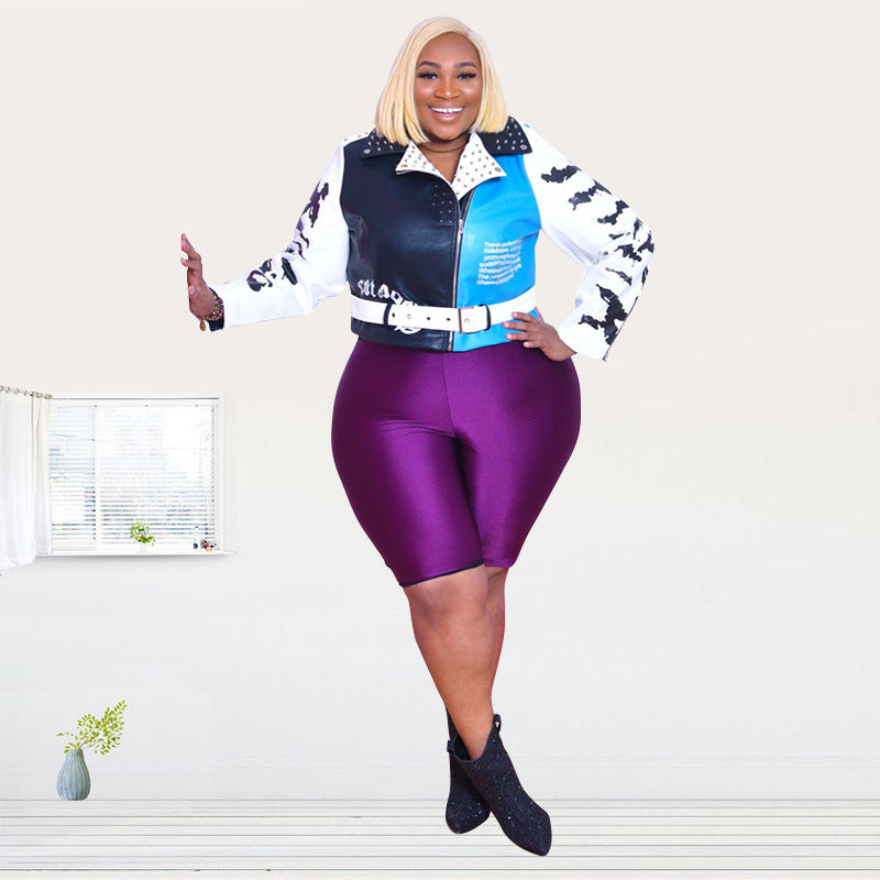 Plus Size Leopard Print Letter Graphic Printed Rivets Street Trend Motorcycle Clothing Women Leather Clothing