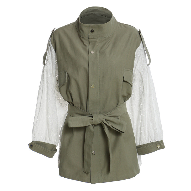 Manteau lavé à coutures en dentelle pour femmes Coupe-vent ample mi-long