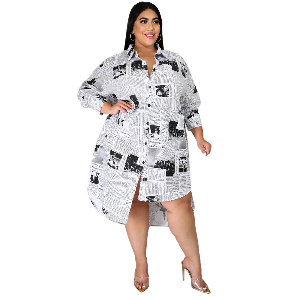 Plus Size Women Clothing Woman Collared Newspaper Printing Irregular Asymmetric Women Shirt Dress
