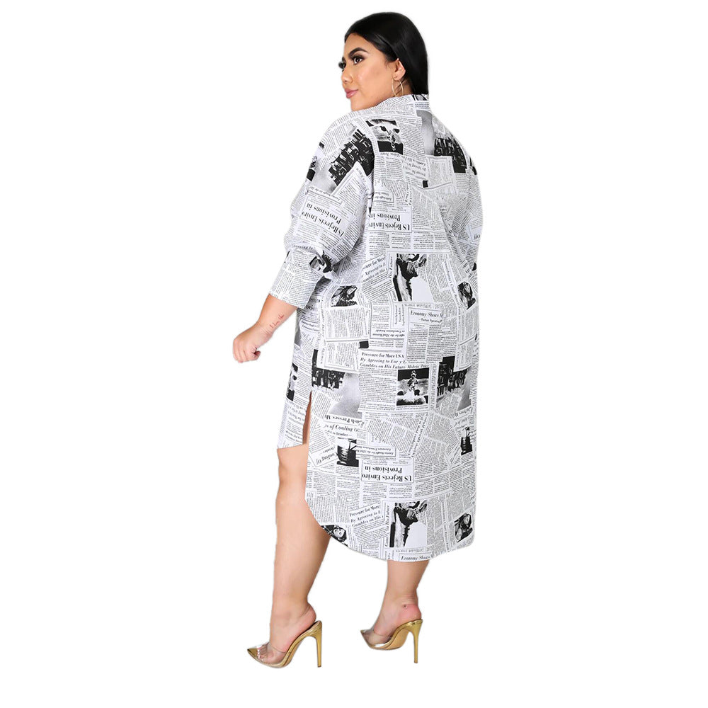 Plus Size Women Clothing Woman Collared Newspaper Printing Irregular Asymmetric Women Shirt Dress