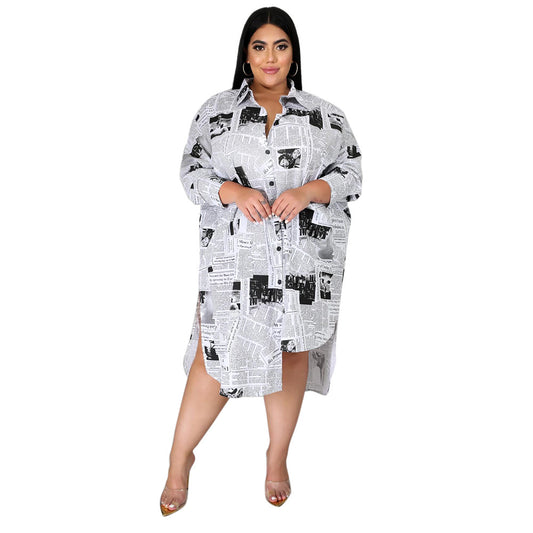 Plus Size Women Clothing Woman Collared Newspaper Printing Irregular Asymmetric Women Shirt Dress