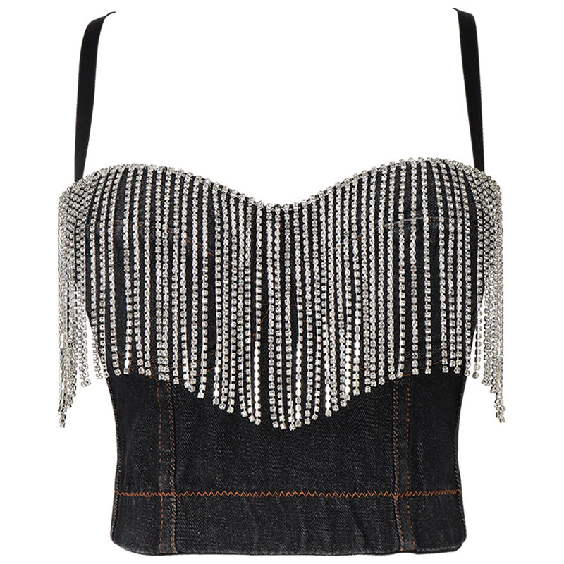 Denim Tube Top Niche Tassel Rhinestone Camisole Outer Wear with Chest Pad Trendy Women Disco Top
