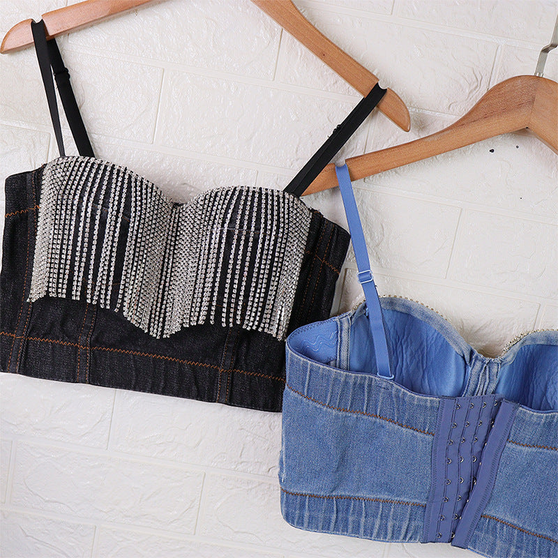 Denim Tube Top Niche Tassel Rhinestone Camisole Outer Wear with Chest Pad Trendy Women Disco Top
