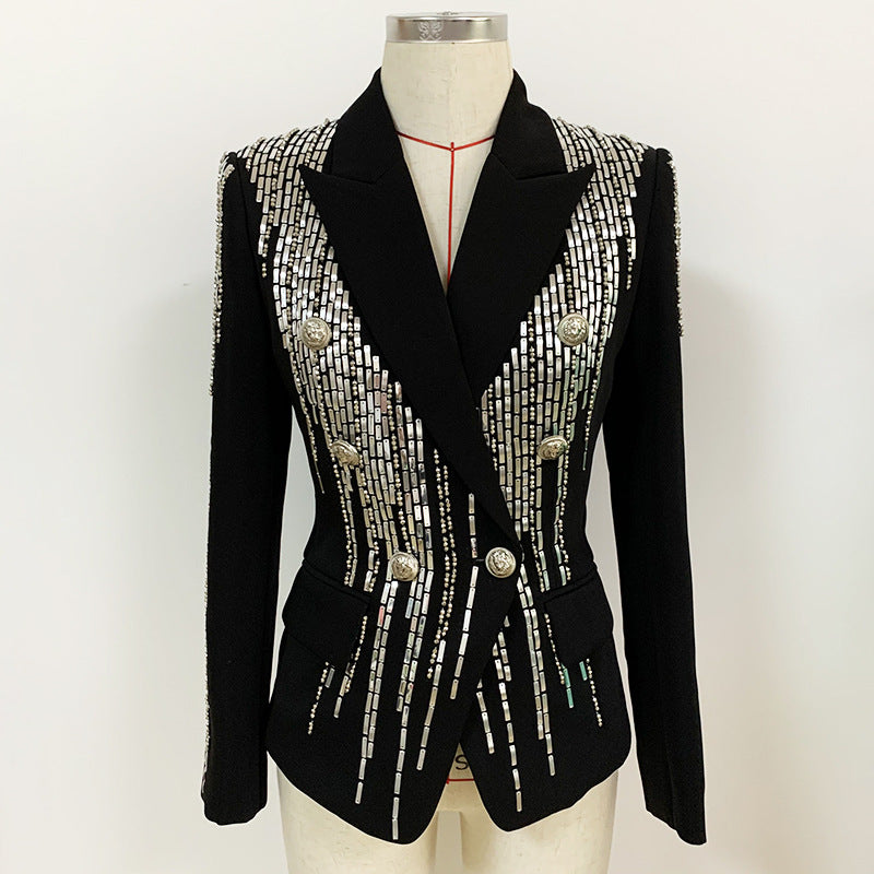 Autumn Winter Women Jacket Jacket Double Breasted Metal Sheet Heavy Industry Beads Slim Fit Suit