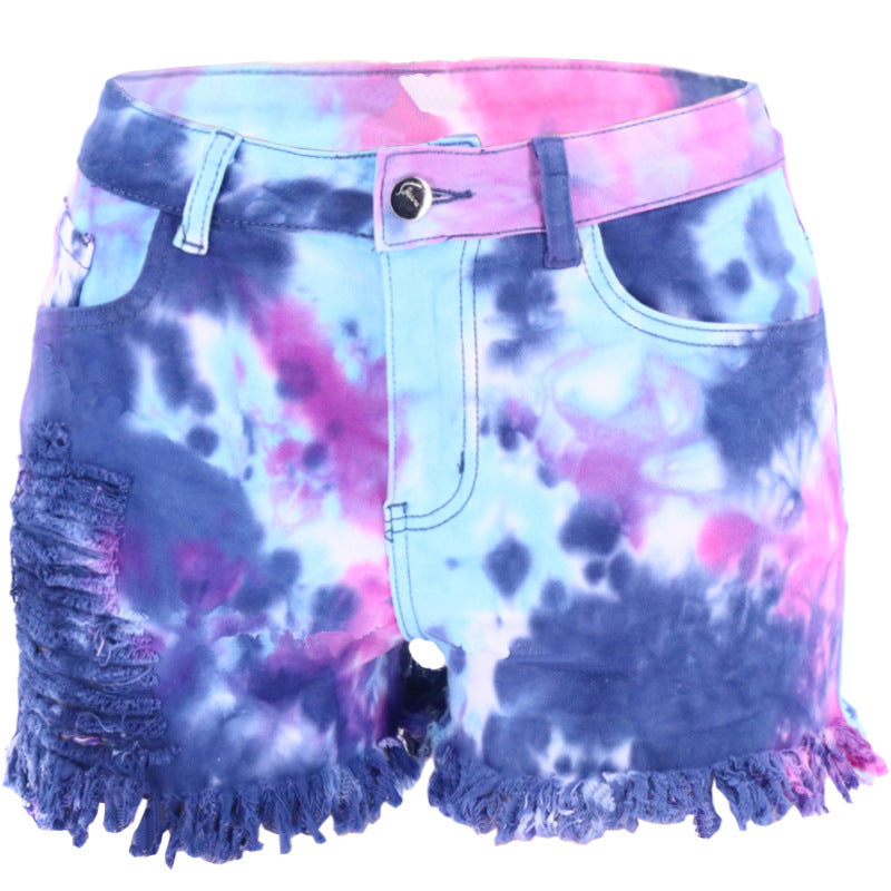 Tie-Dyed Tassel Foot Mouth Loose Hole Women Denim Shorts