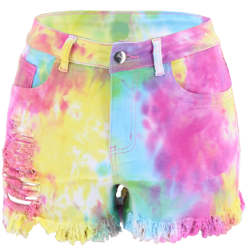 Tie-Dyed Tassel Foot Mouth Loose Hole Women Denim Shorts