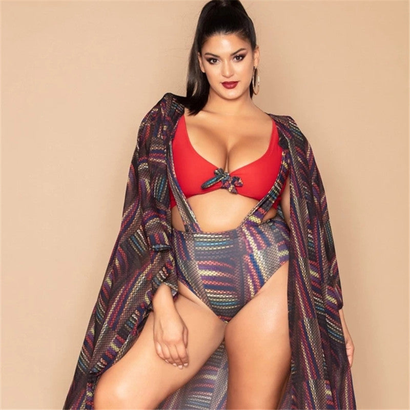 Maillot de bain fendu grande taille imprimé taille haute sangle maillot de bain plage Bikini veste survêtements